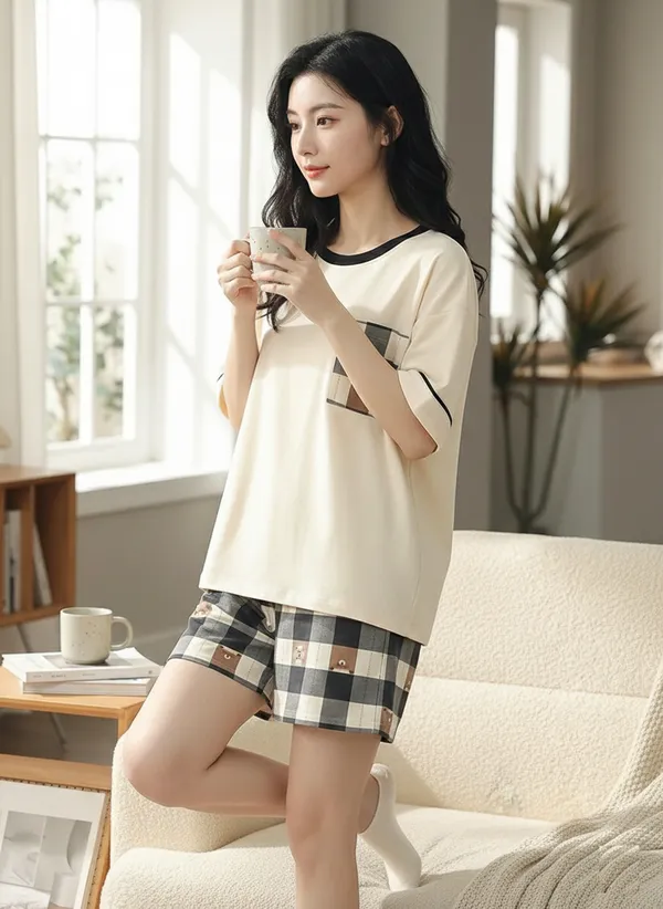 Cream_short-sleeve_pajama_set_with_plaid_shorts_and_a_matching_top_featuring_a_plaid_pocket_For_Women