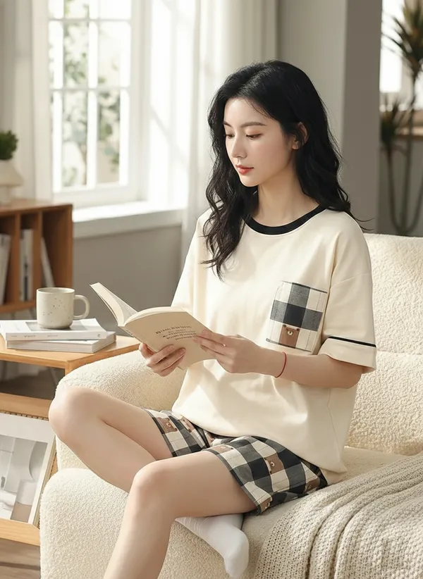 Cream_short-sleeve_pajama_set_with_plaid_shorts_and_a_matching_top_featuring_a_plaid_pocket_For_Women