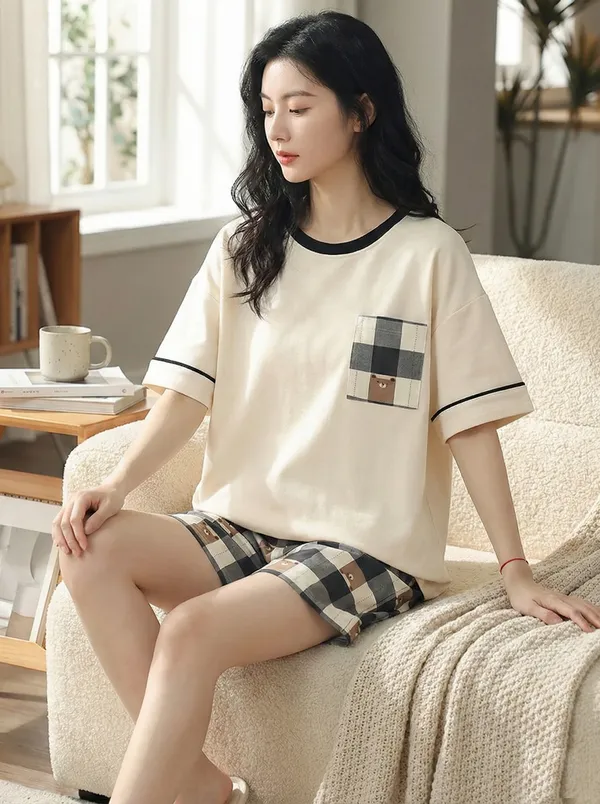 Cream_short-sleeve_pajama_set_with_plaid_shorts_and_a_matching_top_featuring_a_plaid_pocket_For_Women