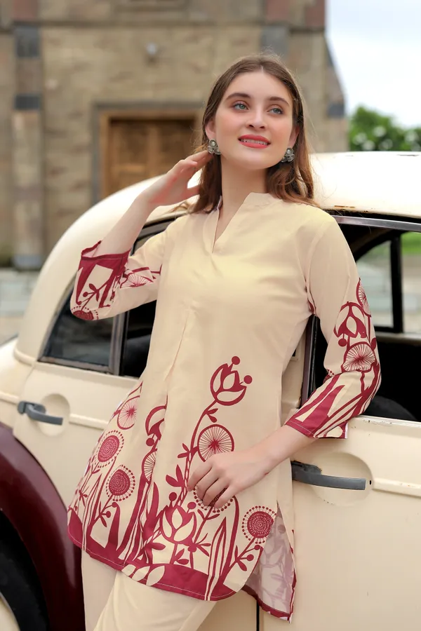 Cream_Floral_Printed_Tunic_with_Trouser_For_Women