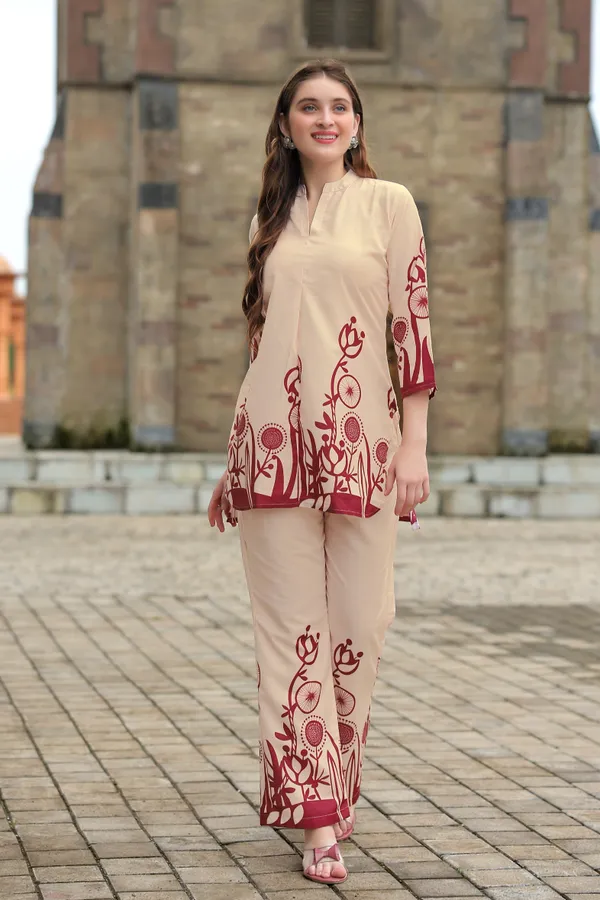 Cream_Floral_Printed_Tunic_with_Trouser_For_Women