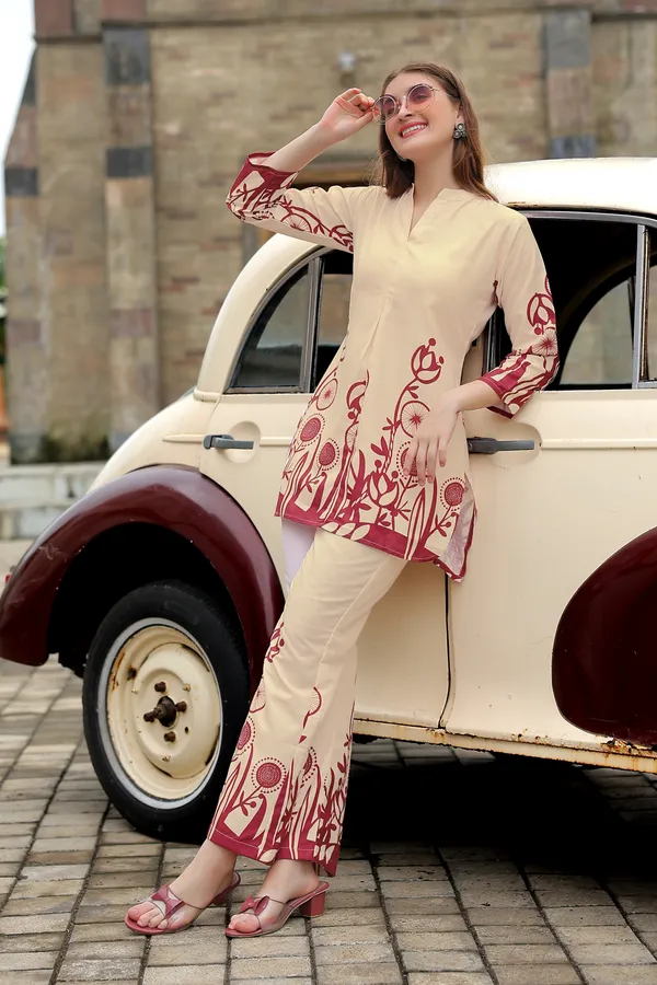 Cream_Floral_Printed_Tunic_with_Trouser_For_Women