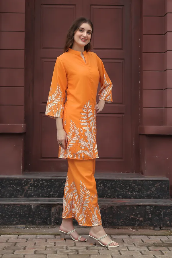 Orange_Printed__Rayon_Kurta_with_Trousers_For_Women
