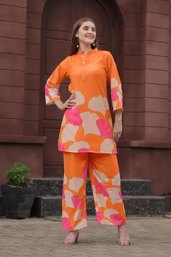 Orange_Rayon_Printed_Co-Ords_For_Women