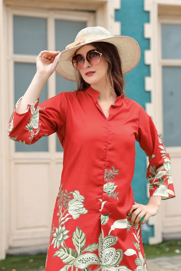 Red__Rayon_Printed_Co-Ords_set_For_Women