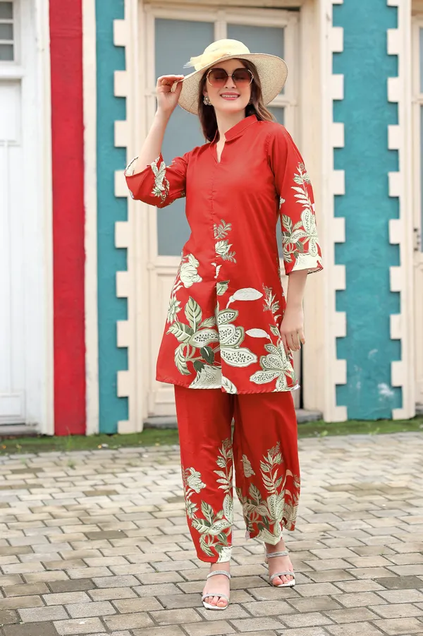 Red__Rayon_Printed_Co-Ords_set_For_Women