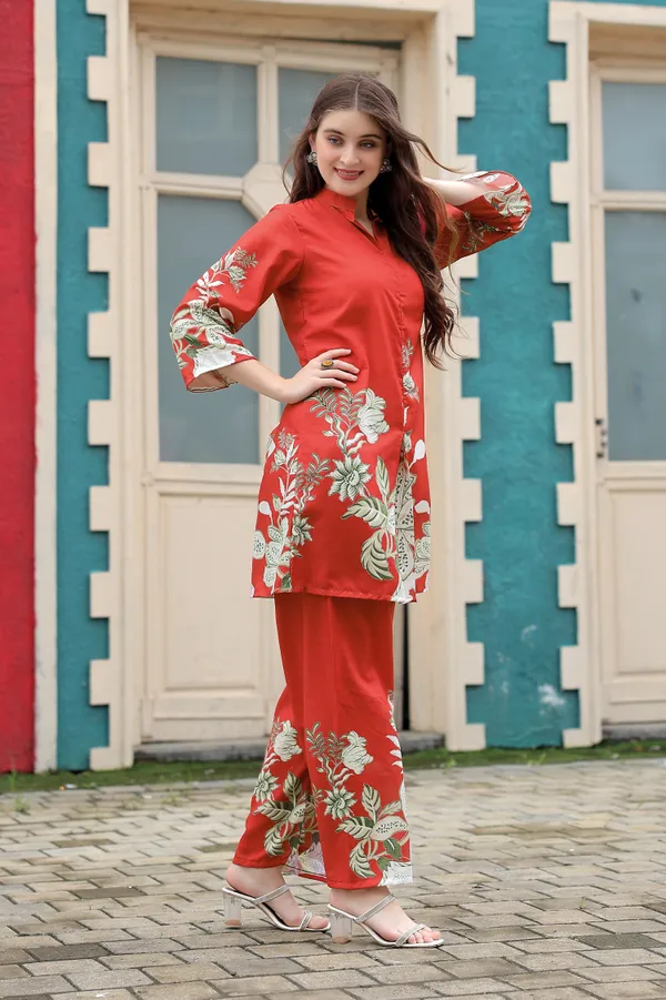 Red__Rayon_Printed_Co-Ords_set_For_Women