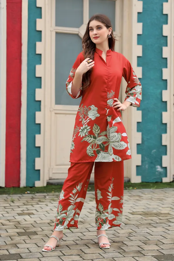 Red__Rayon_Printed_Co-Ords_set_For_Women
