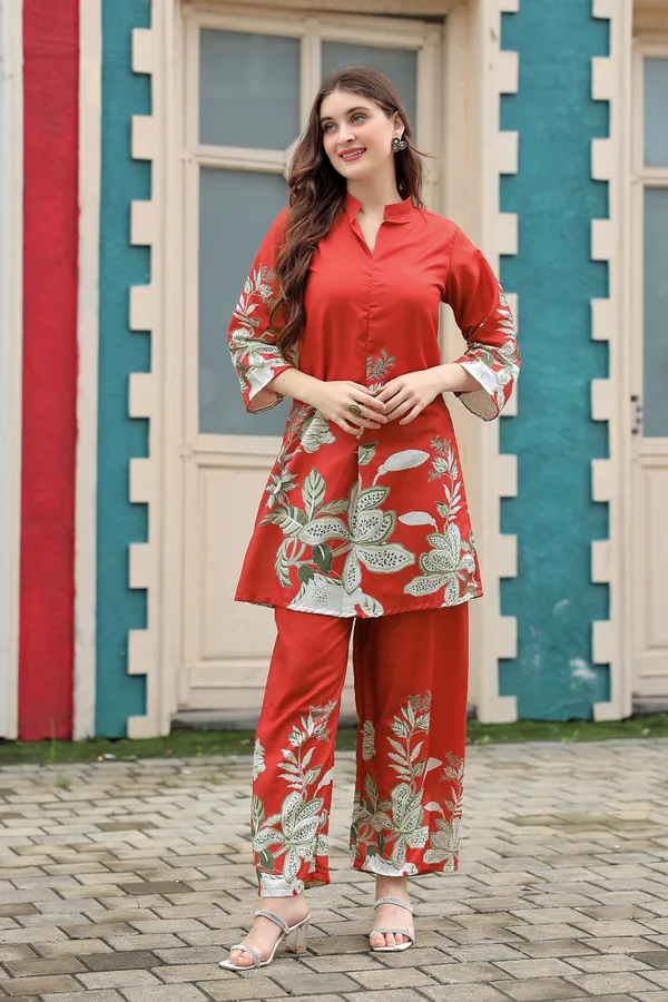 Red__Rayon_Printed_Co-Ords_set_For_Women