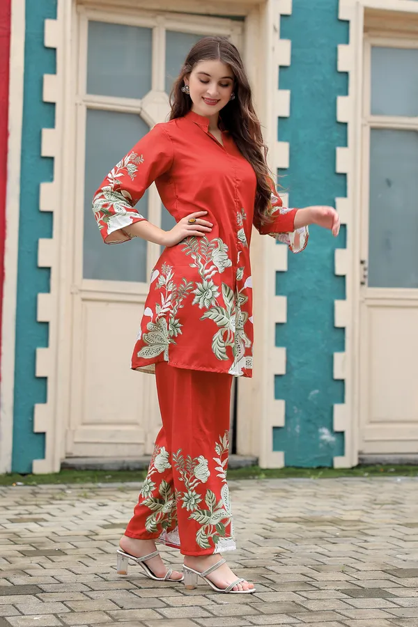 Red__Rayon_Printed_Co-Ords_set_For_Women
