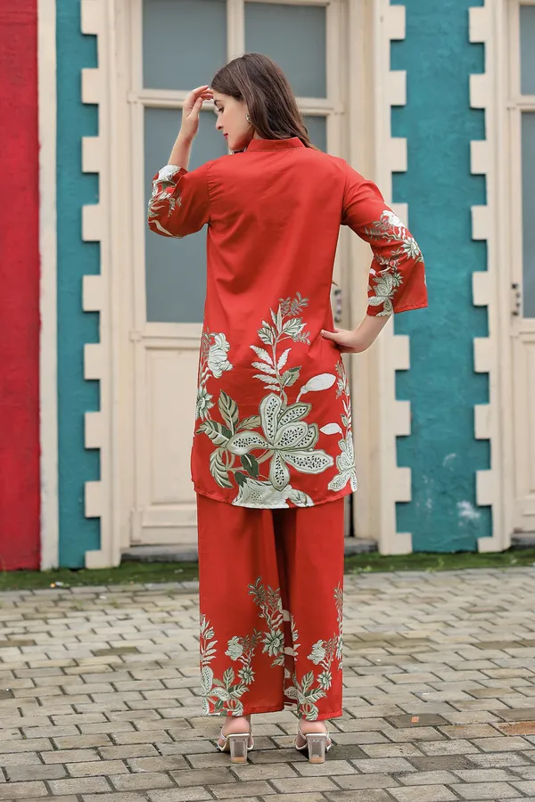 Red__Rayon_Printed_Co-Ords_set_For_Women