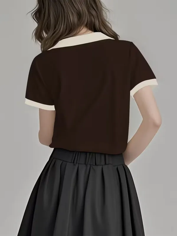 Women's_Contrast_Collar_Brown_Top