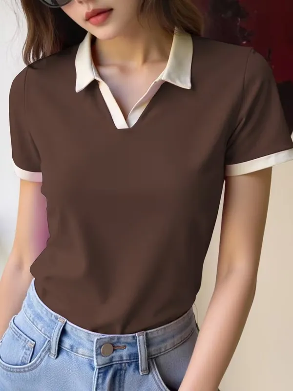 Women's_Contrast_Collar_Brown_Top