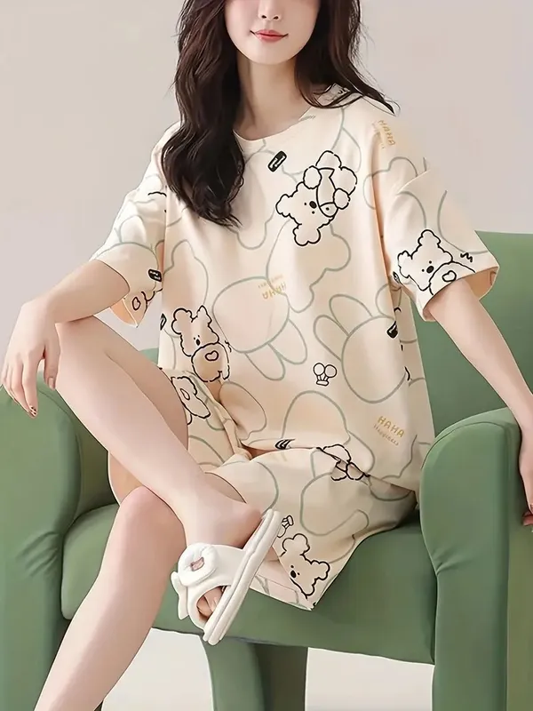 Cream_Looper_Fabric_Night_Dress__Cute_Cartoon_Bear_Print_For_Women