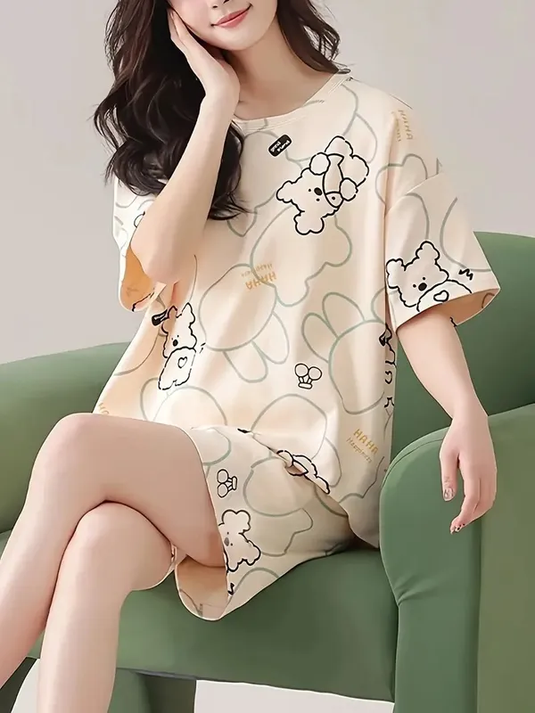 Cream_Looper_Fabric_Night_Dress__Cute_Cartoon_Bear_Print_For_Women