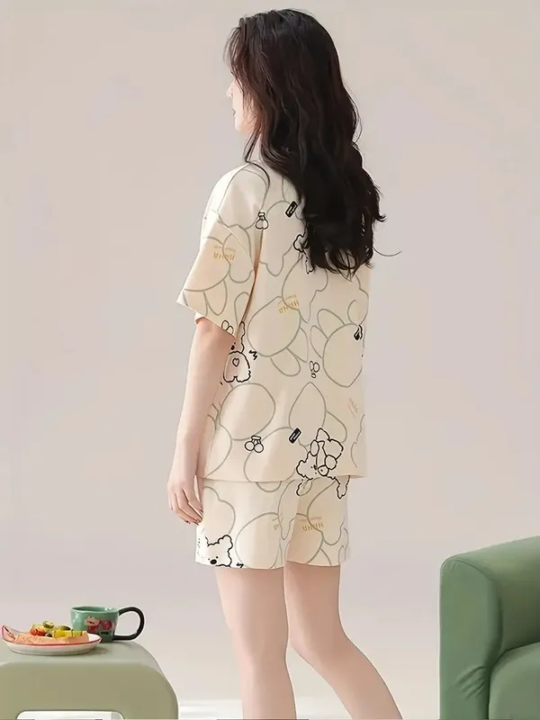 Cream_Looper_Fabric_Night_Dress__Cute_Cartoon_Bear_Print_For_Women