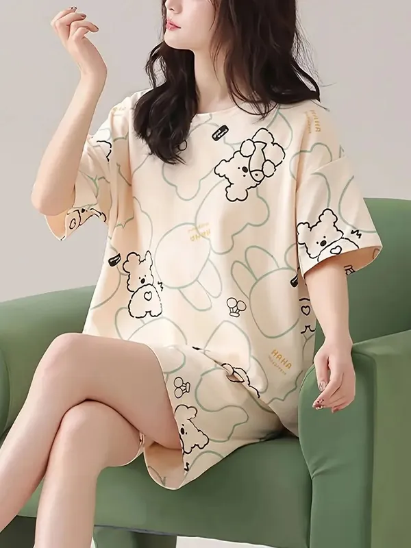 Cream_Looper_Fabric_Night_Dress__Cute_Cartoon_Bear_Print_For_Women