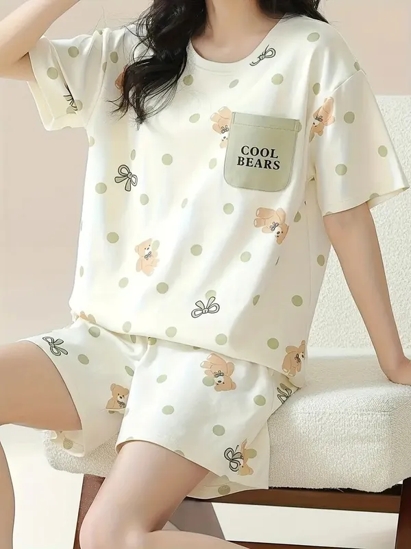 Cream_printed_Loungewear_Set__Cool_Bears_T-Shirt_&_Shorts_For_Women