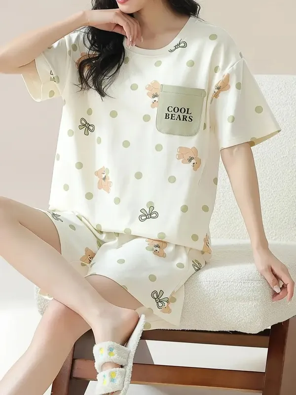 Cream_printed_Loungewear_Set__Cool_Bears_T-Shirt_&_Shorts_For_Women
