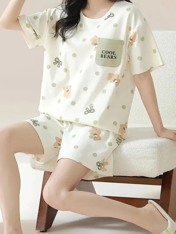 Cream_printed_Loungewear_Set__Cool_Bears_T-Shirt_&_Shorts_For_Women