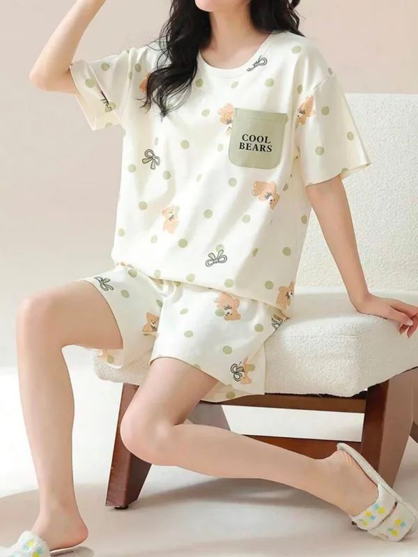 Cream_printed_Loungewear_Set__Cool_Bears_T-Shirt_&_Shorts_For_Women