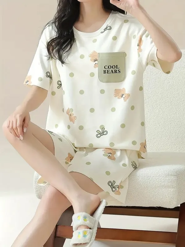 Cream_printed_Loungewear_Set__Cool_Bears_T-Shirt_&_Shorts_For_Women