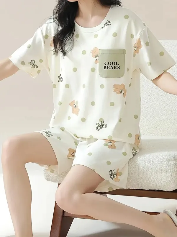Cream_printed_Loungewear_Set__Cool_Bears_T-Shirt_&_Shorts_For_Women