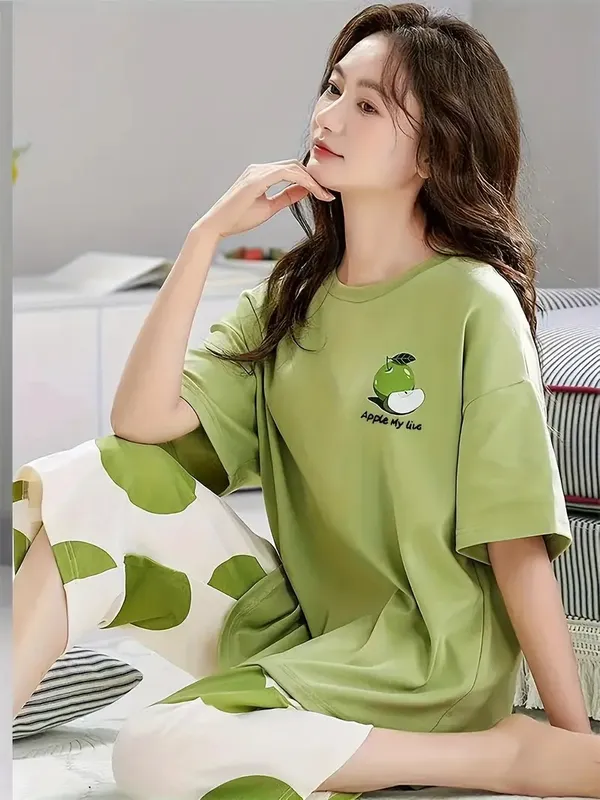 Green_And_Cream_Night_Suit_Set__Green_Apple_Print_For_Women_And_Girl