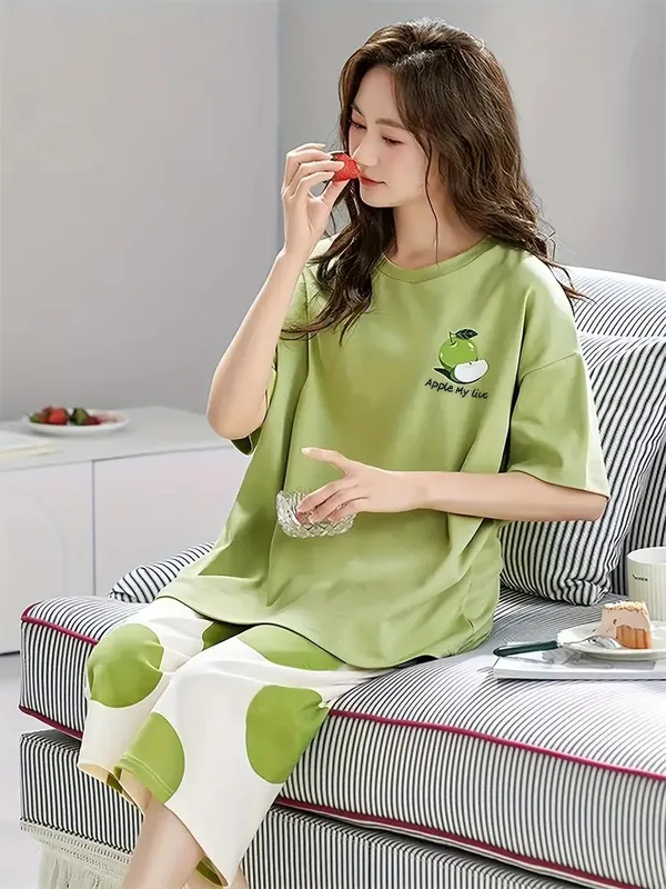 Green_And_Cream_Night_Suit_Set__Green_Apple_Print_For_Women_And_Girl