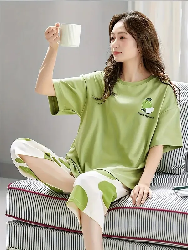 Green_And_Cream_Night_Suit_Set__Green_Apple_Print_For_Women_And_Girl