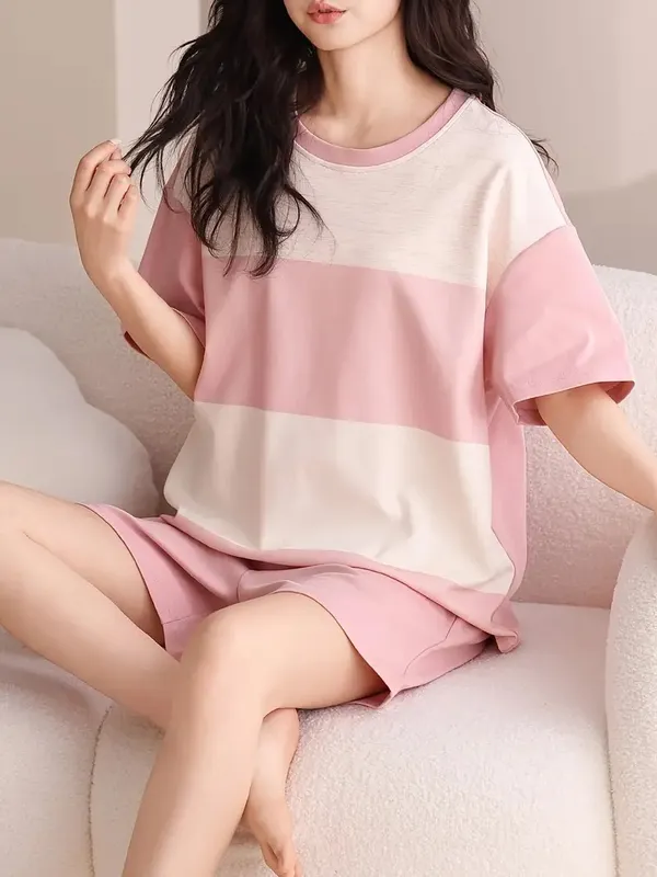 Pink_And_White_Striped_Loungewear_Set__Oversized_T-Shirt_&_Shorts_For_Women