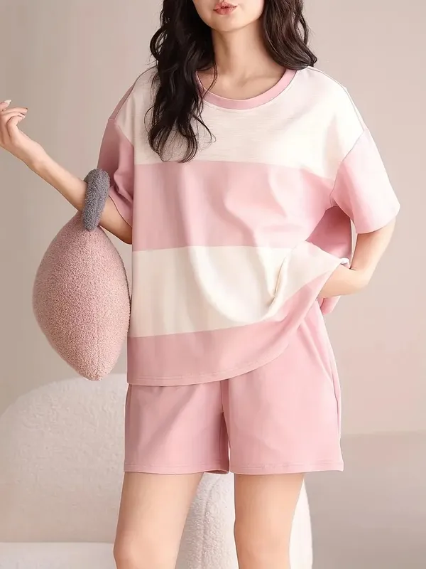 Pink_And_White_Striped_Loungewear_Set__Oversized_T-Shirt_&_Shorts_For_Women