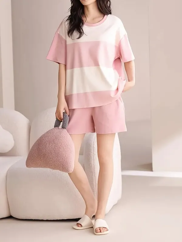 Pink_And_White_Striped_Loungewear_Set__Oversized_T-Shirt_&_Shorts_For_Women