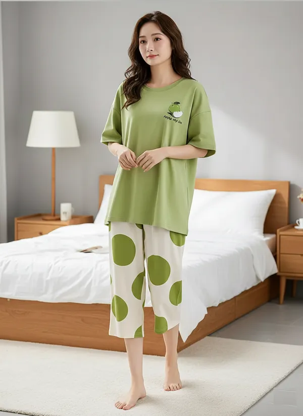 Green_And_Cream_Night_Suit_Set__Green_Apple_Print_For_Women_And_Girl