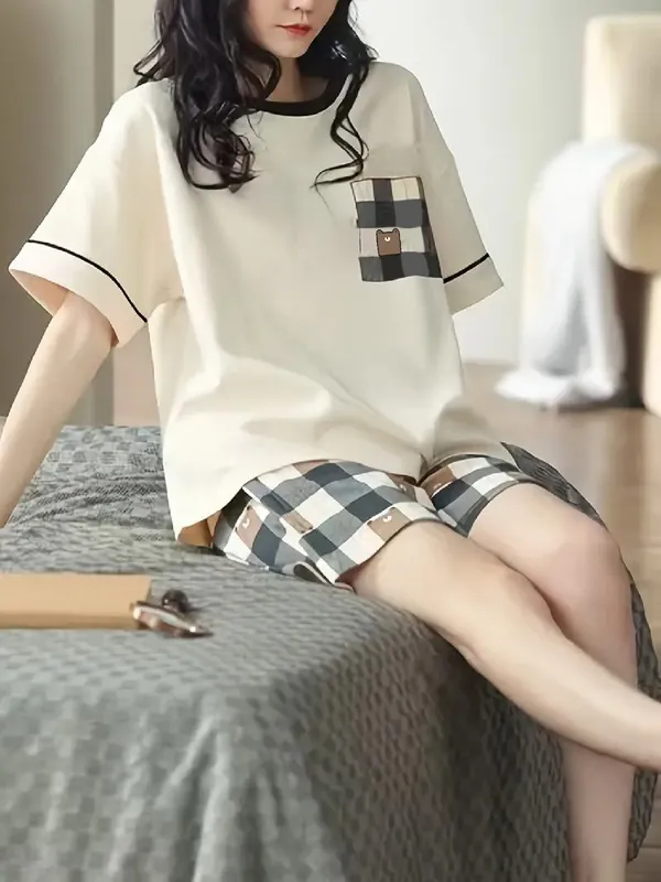 Cream_short-sleeve_pajama_set_with_plaid_shorts_and_a_matching_top_featuring_a_plaid_pocket_For_Women