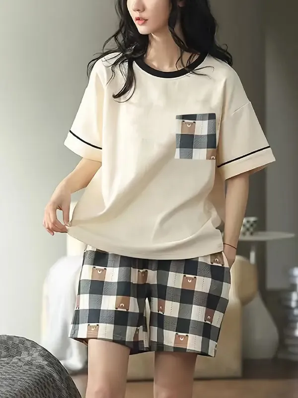 Cream_short-sleeve_pajama_set_with_plaid_shorts_and_a_matching_top_featuring_a_plaid_pocket_For_Women