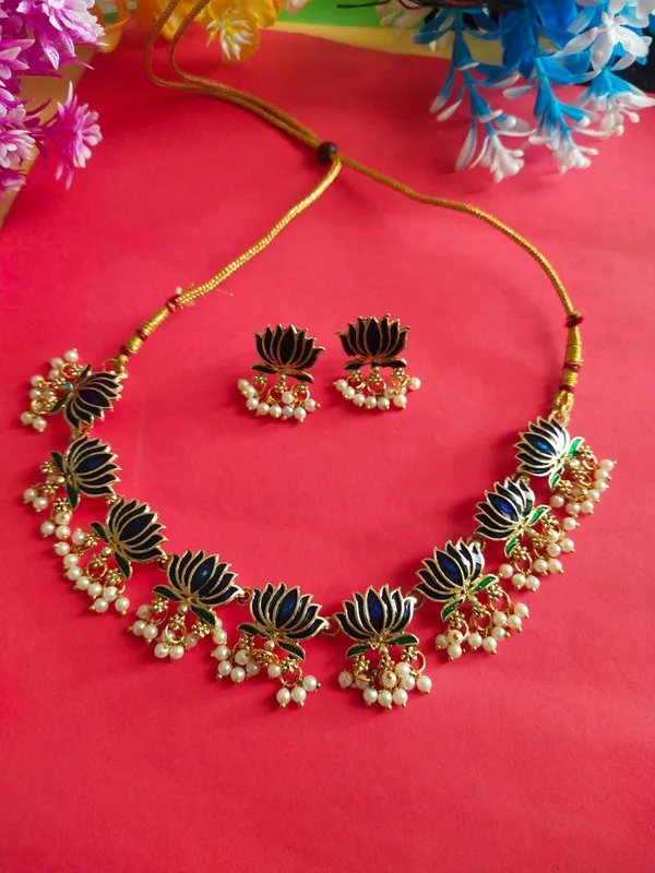 9_Lotus_Temple_Motif_Necklace_Set_with_earrings_-_Blue