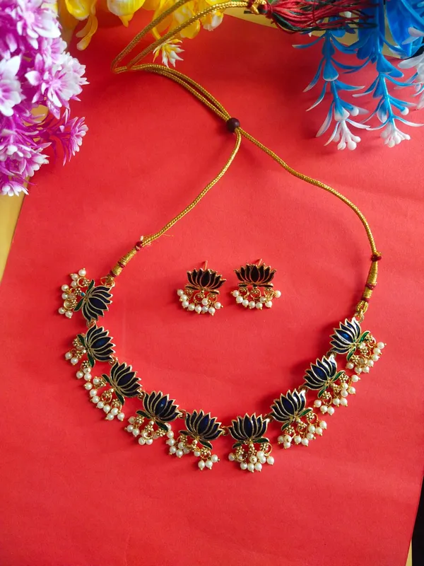 9_Lotus_Temple_Motif_Necklace_Set_with_earrings_-_Blue