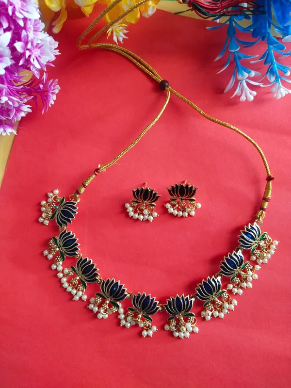 9_Lotus_Temple_Motif_Necklace_Set_with_earrings_-_Blue