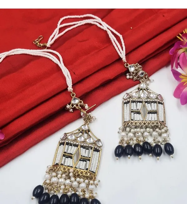 Black_Jharokha_Stylish_Long_Party_Wear_Earrings_With_Kaan_Chain_For_Women