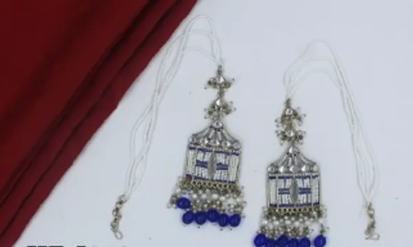 Dark_Blue_Jharokha_Stylish_Long_Party_Wear_Earrings_With_Kaan_Chain_For_Women