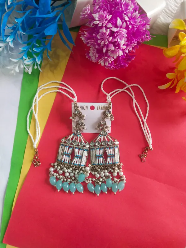 Light_Blue_Jharokha_Stylish_Long_Party_Wear_Earrings_With_Kaan_Chain_For_Women