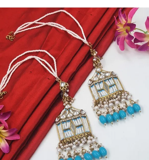 Light_Blue_Jharokha_Stylish_Long_Party_Wear_Earrings_With_Kaan_Chain_For_Women
