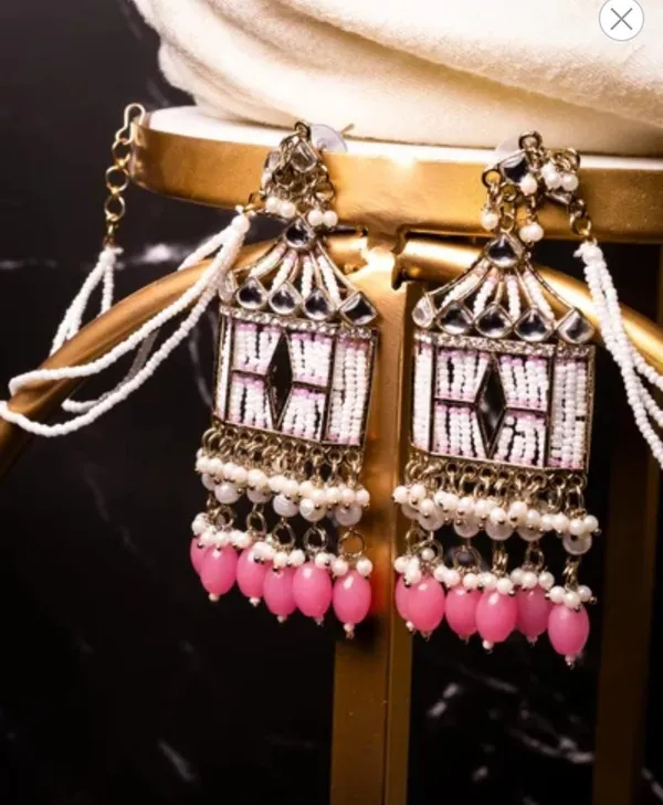 Pink_Jharokha_Stylish_Long_Party_Wear_Earrings_With_Kaan_Chain_For_Women