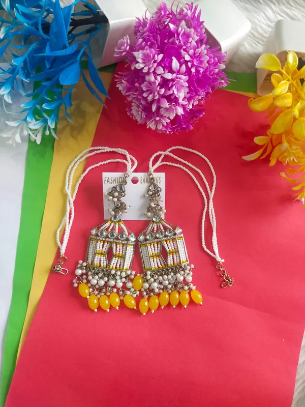 Yellow_Jharokha_Stylish_Long_Party_Wear_Earrings_With_Kaan_Chain_For_Women