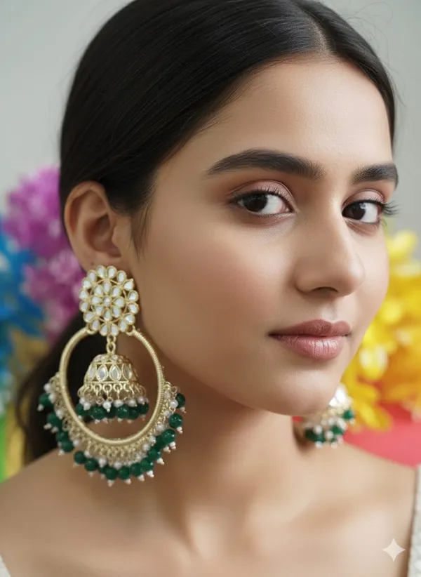Shaheen_Luxurious_Kundan_Layered__Green_Chandbalis