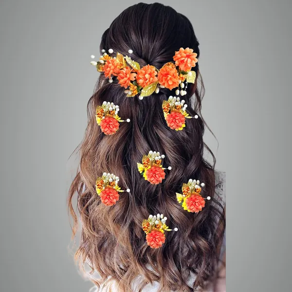 Orange_Artificial_Flower_With_Golden_Leaves_And_Pearls_Hair_Vein_And_Hair_Pin_Set_(Combo_Of_7_Hair_Pins)