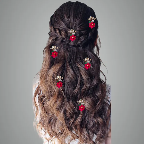 Pack_Of_6_Maroon_Flower_And_Pearl_Rounded_Hair_Pin_For_And_Women