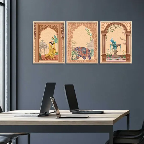 Multicolor_Traditional_Wall_Art_Pichwai_Painting_With_Frame_Vastu_Peacock_Home_Madhubani_Decoration_For_Living_Room_Bed_Room_Hotel_Wall_Decor_Digital_Reprint_(Set_Of_3)_(13X17_Inch)