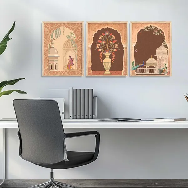 Multicolor_Pichwai_Wall_Painting_With_Frame_Traditional_Vastu_Peacock_For_Living_Room_Bed_Room_Hotel_Wall_Decor_Digital_Reprint_Engineered_Wood_(Set_Of_3)_(13X17_Inch)